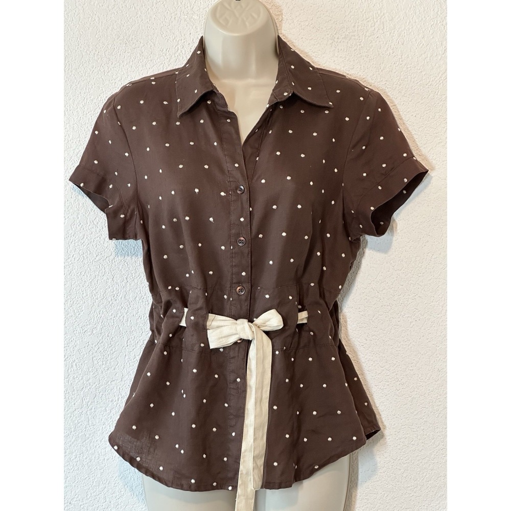 Carole Little Brown Polka Dot Short Sleeve Button-Front Top with Cream Tie